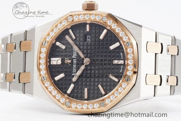 Lady Royal Oak 33mm SS RG Diamonds Bezel JJF 1:1 Best Edition Black Dial on SS RG Bracelet ETA Quartz MultiPurpose 4643