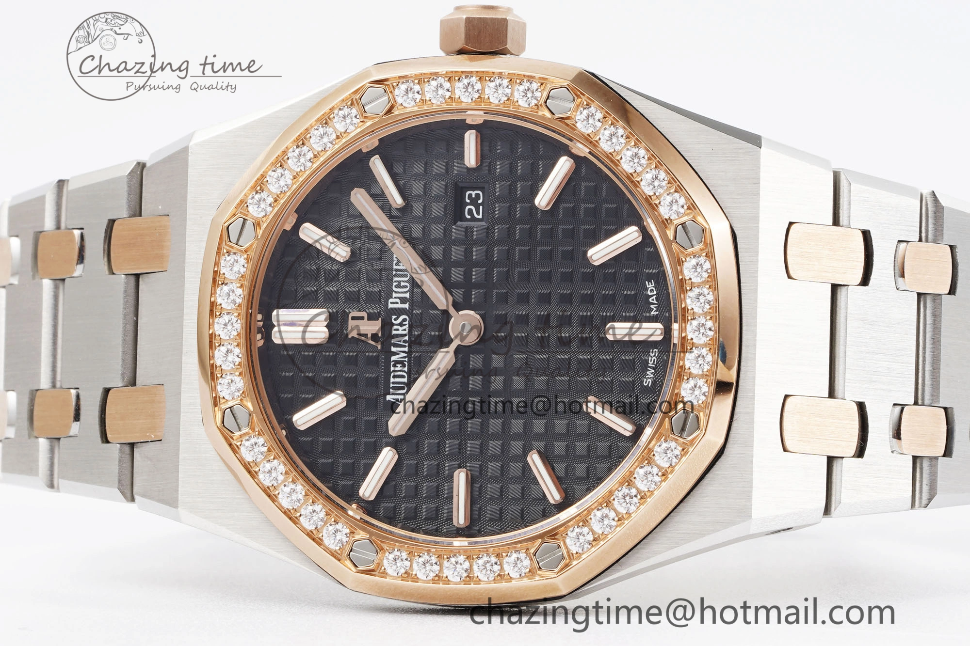 Lady Royal Oak 33mm SS RG Diamonds Bezel JJF 1:1 Best Edition Black Dial on SS RG Bracelet ETA Quartz MultiPurpose 4643