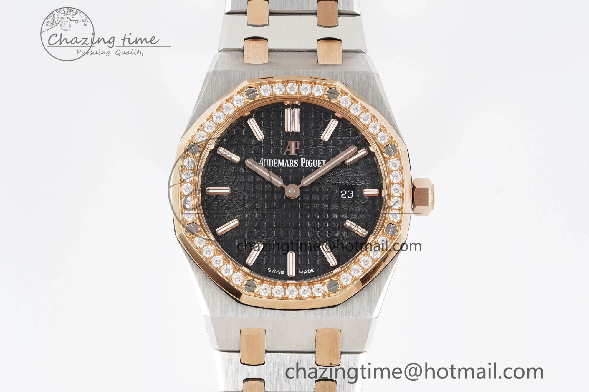 Lady Royal Oak 33mm SS RG Diamonds Bezel JJF 1:1 Best Edition Black Dial on SS RG Bracelet ETA Quartz MultiPurpose 4643