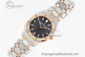 Lady Royal Oak 33mm SS RG Diamonds Bezel JJF 1:1 Best Edition Black Dial on SS RG Bracelet ETA Quartz MultiPurpose 4643