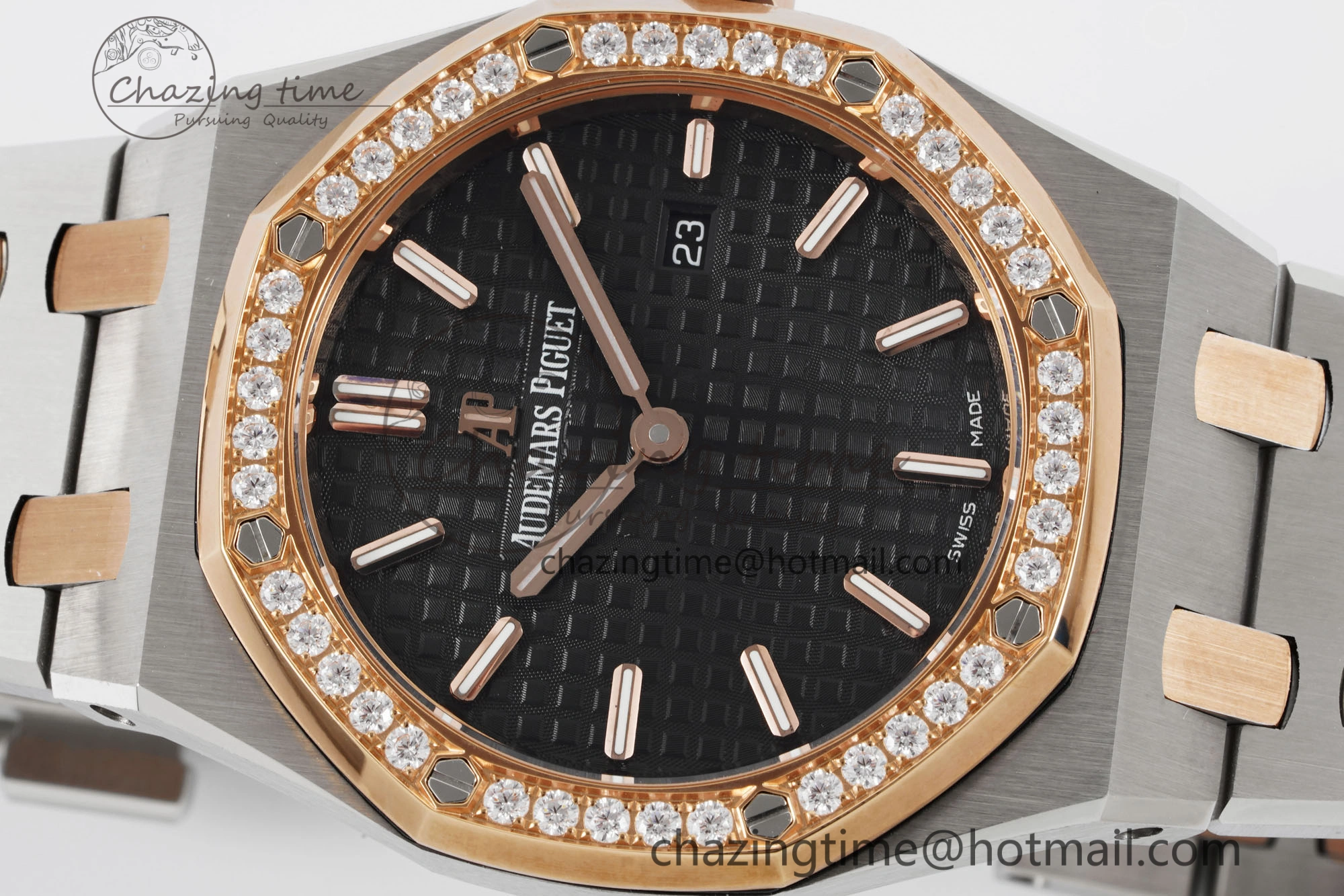 Lady Royal Oak 33mm SS RG Diamonds Bezel JJF 1:1 Best Edition Black Dial on SS RG Bracelet ETA Quartz MultiPurpose 4643