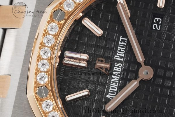 Lady Royal Oak 33mm SS RG Diamonds Bezel JJF 1:1 Best Edition Black Dial on SS RG Bracelet ETA Quartz MultiPurpose 4643