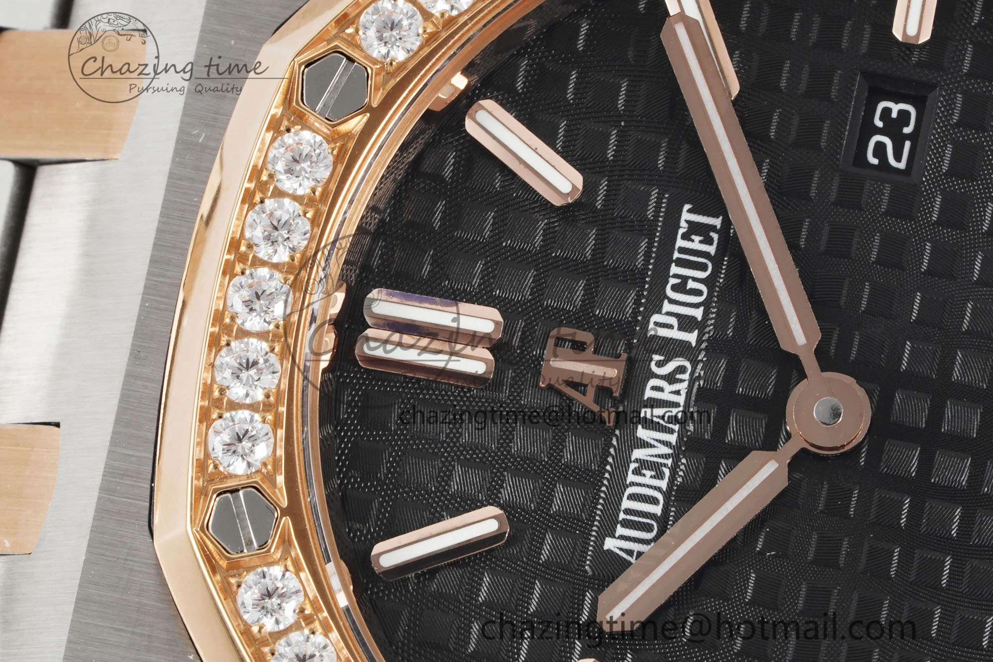 Lady Royal Oak 33mm SS RG Diamonds Bezel JJF 1:1 Best Edition Black Dial on SS RG Bracelet ETA Quartz MultiPurpose 4643