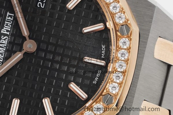 Lady Royal Oak 33mm SS RG Diamonds Bezel JJF 1:1 Best Edition Black Dial on SS RG Bracelet ETA Quartz MultiPurpose 4643