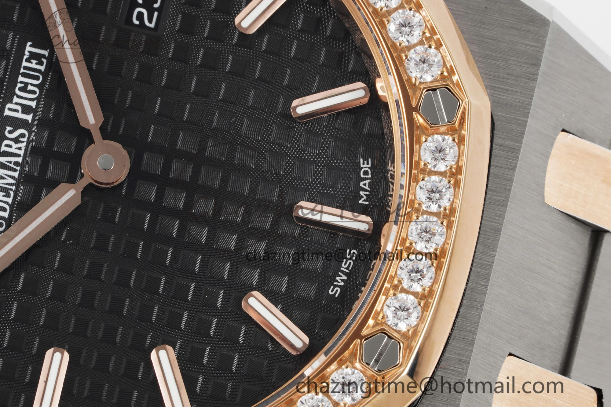 Lady Royal Oak 33mm SS RG Diamonds Bezel JJF 1:1 Best Edition Black Dial on SS RG Bracelet ETA Quartz MultiPurpose 4643