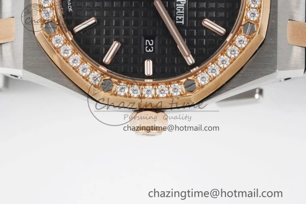 Lady Royal Oak 33mm SS RG Diamonds Bezel JJF 1:1 Best Edition Black Dial on SS RG Bracelet ETA Quartz MultiPurpose 4643