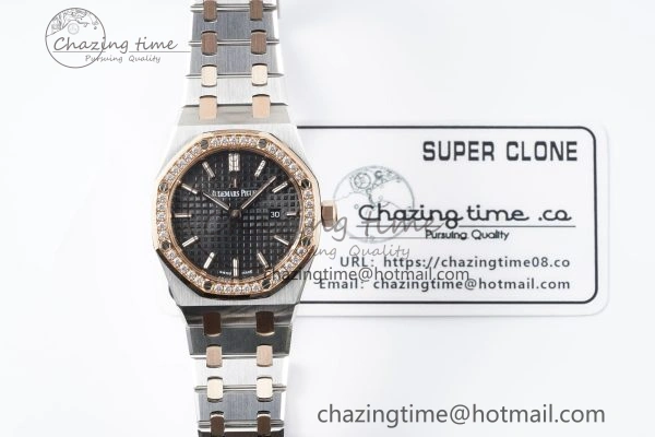 Lady Royal Oak 33mm SS RG Diamonds Bezel JJF 1:1 Best Edition Black Dial on SS RG Bracelet ETA Quartz MultiPurpose 4643