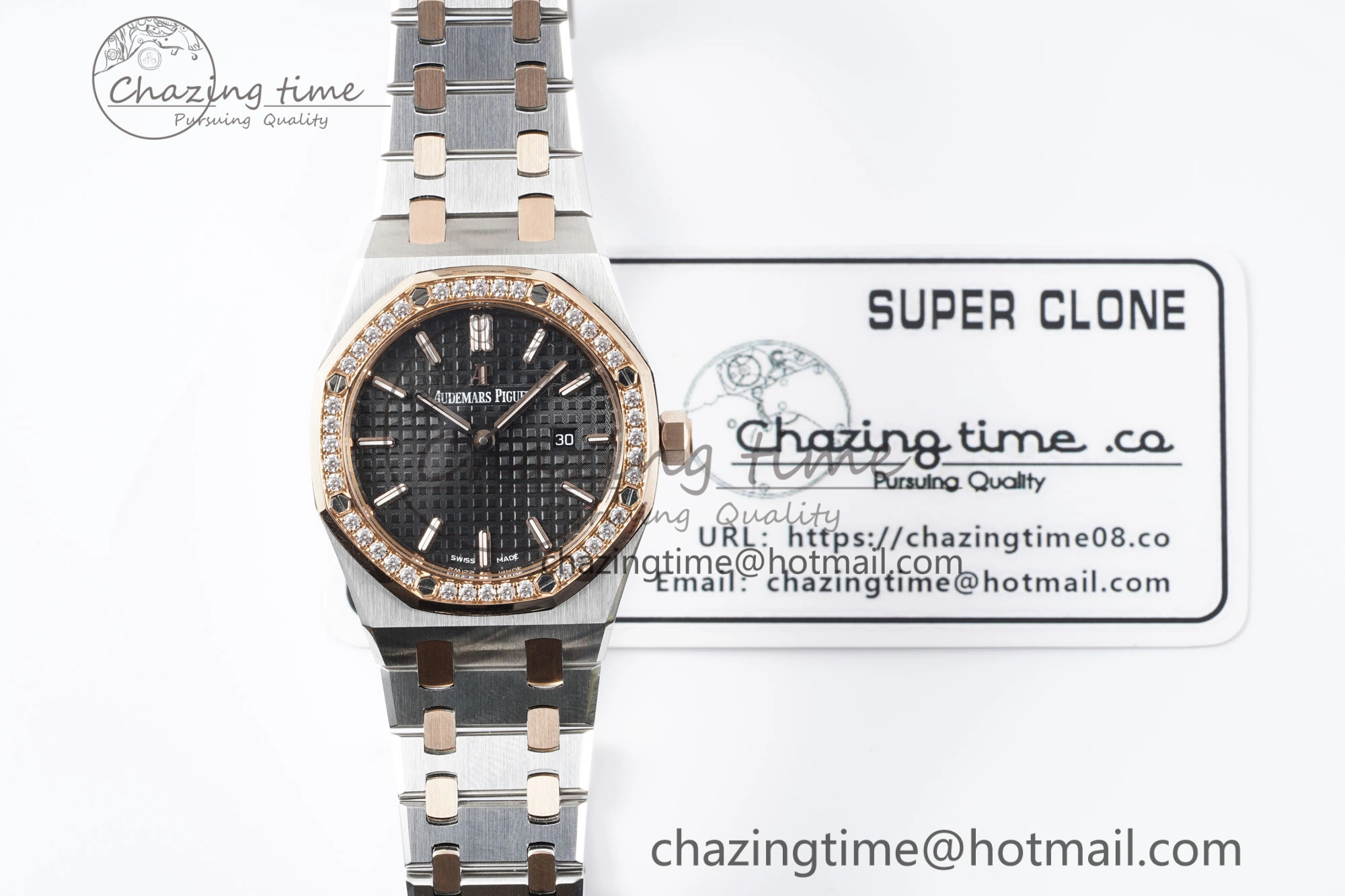 Lady Royal Oak 33mm SS RG Diamonds Bezel JJF 1:1 Best Edition Black Dial on SS RG Bracelet ETA Quartz MultiPurpose 4643