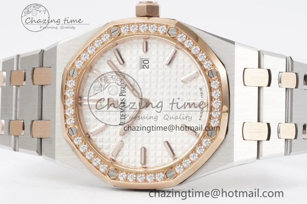 Lightweight Lady Royal Oak 33mm SS RG Diamonds Bezel JJF 1:1 Best Edition White Dial on SS RG Bracelet ETA Quartz 4640
