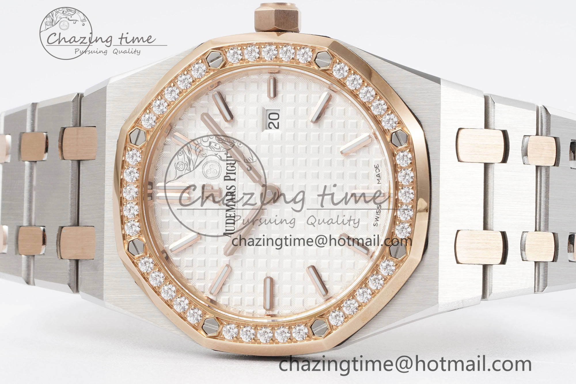 Lightweight Lady Royal Oak 33mm SS RG Diamonds Bezel JJF 1:1 Best Edition White Dial on SS RG Bracelet ETA Quartz 4640