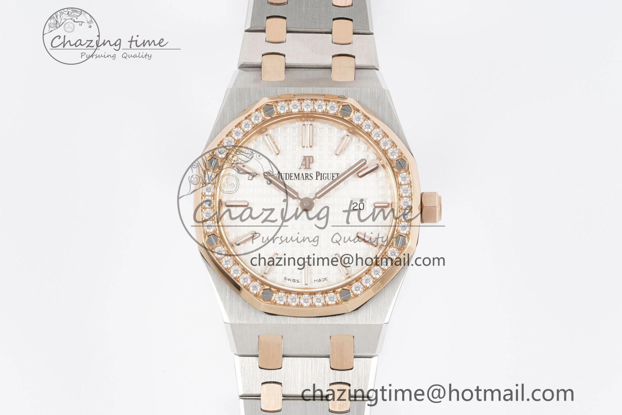 Lightweight Lady Royal Oak 33mm SS RG Diamonds Bezel JJF 1:1 Best Edition White Dial on SS RG Bracelet ETA Quartz 4640