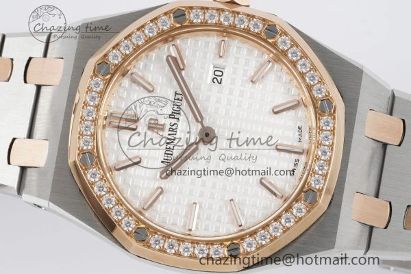 Lightweight Lady Royal Oak 33mm SS RG Diamonds Bezel JJF 1:1 Best Edition White Dial on SS RG Bracelet ETA Quartz 4640