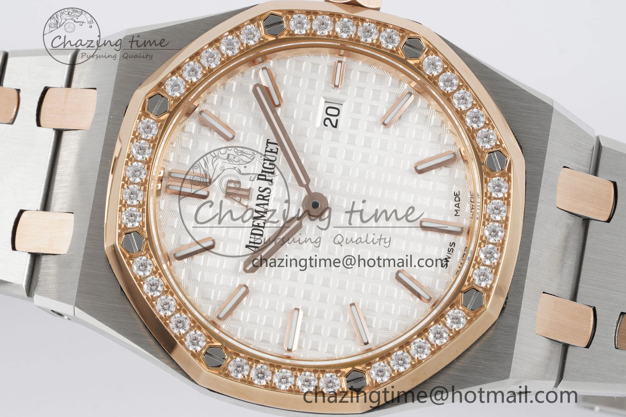 Lightweight Lady Royal Oak 33mm SS RG Diamonds Bezel JJF 1:1 Best Edition White Dial on SS RG Bracelet ETA Quartz 4640
