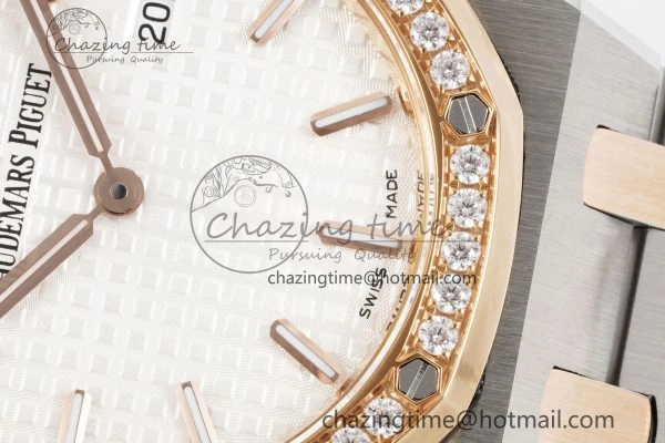 Lightweight Lady Royal Oak 33mm SS RG Diamonds Bezel JJF 1:1 Best Edition White Dial on SS RG Bracelet ETA Quartz 4640