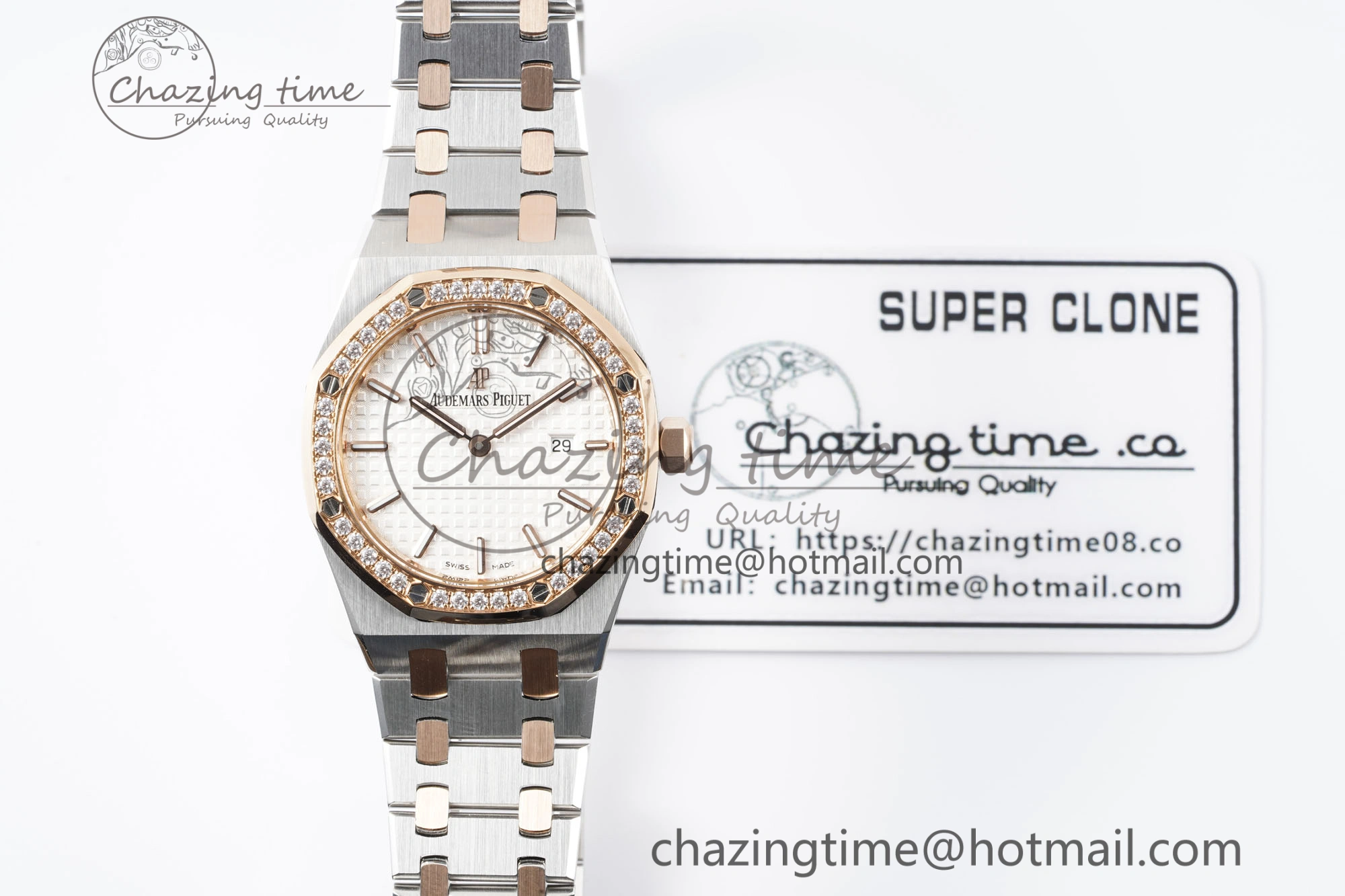 Lightweight Lady Royal Oak 33mm SS RG Diamonds Bezel JJF 1:1 Best Edition White Dial on SS RG Bracelet ETA Quartz 4640