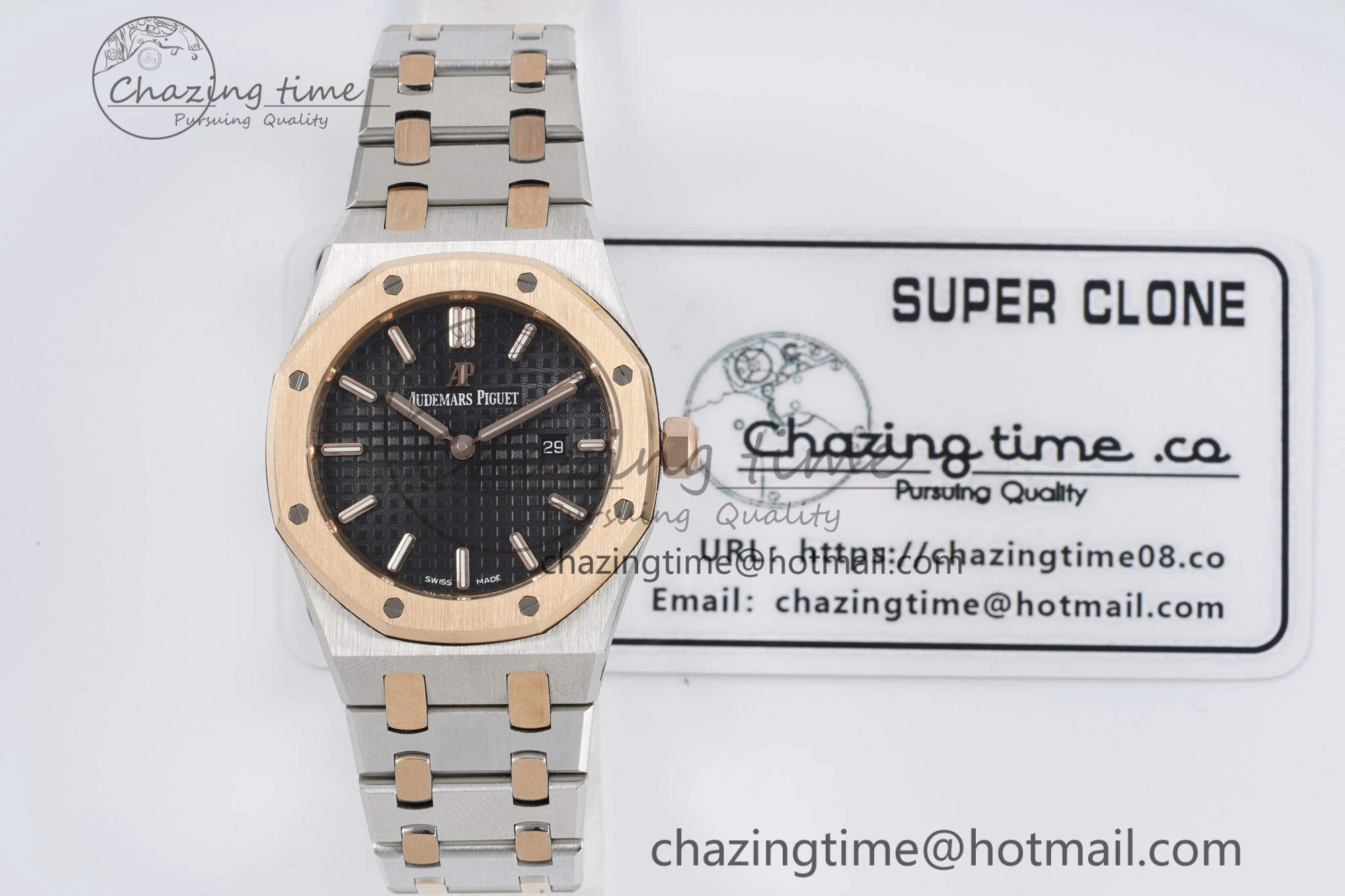Lady Royal Oak 33mm SS RG JJF 1:1 Best Edition Black Dial on SS RG Bracelet ETA Quartz Sophisticated 10155