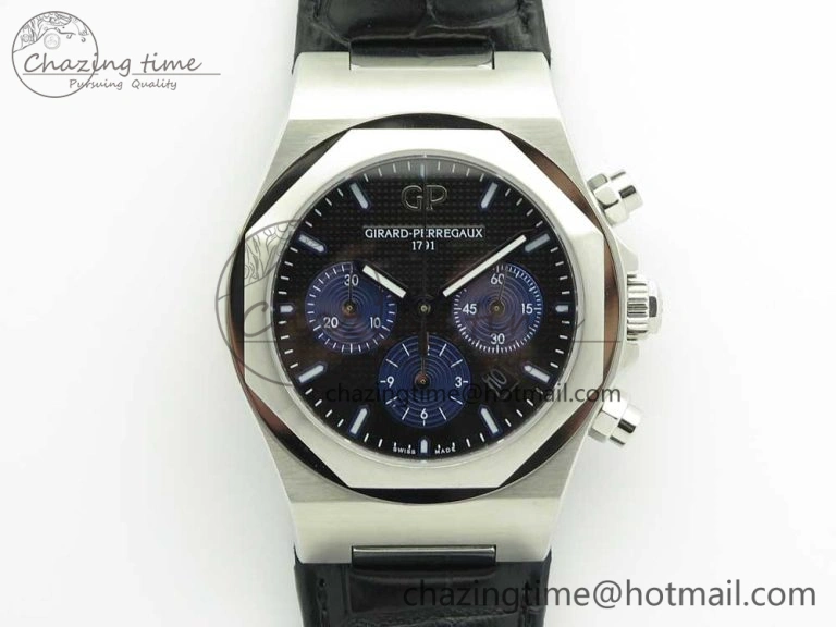 Trendy Laureato Chronograph 42mm SS TWA Black Blue Dial on Black Leather Strap A 6604