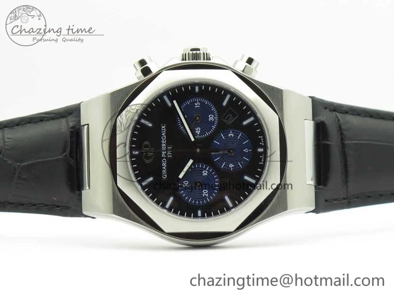 Trendy Laureato Chronograph 42mm SS TWA Black Blue Dial on Black Leather Strap A 6604
