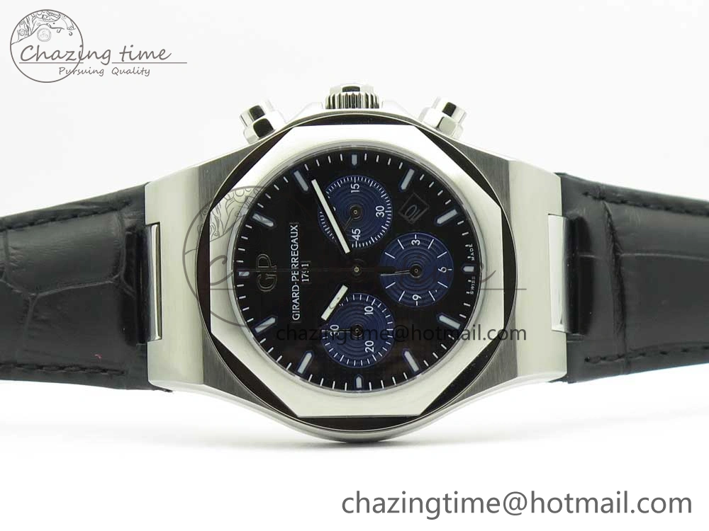 Trendy Laureato Chronograph 42mm SS TWA Black Blue Dial on Black Leather Strap A 6604