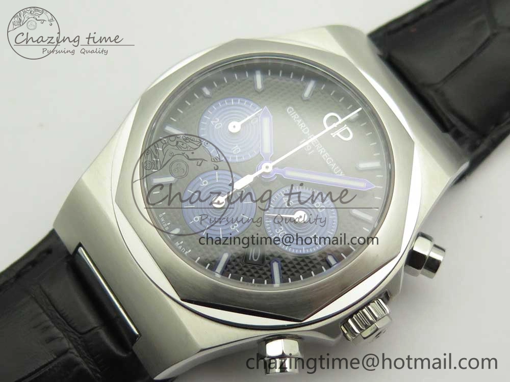 Trendy Laureato Chronograph 42mm SS TWA Black Blue Dial on Black Leather Strap A 6604