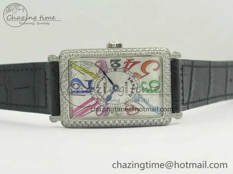 Supportive Long Island Color Dream SS Diamonds Bezel GF 1:1 Best Edition on Black Leather Strap Swiss Quartz 10702