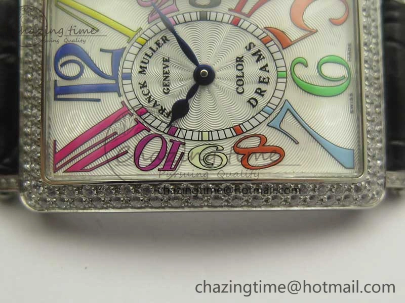 Supportive Long Island Color Dream SS Diamonds Bezel GF 1:1 Best Edition on Black Leather Strap Swiss Quartz 10702