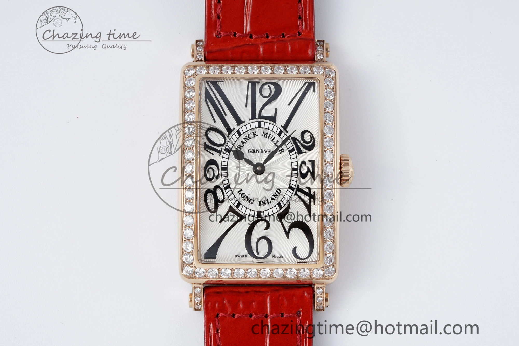Long Island Ladies RG Diamonds Bezel APSF 1:1 Best Edition White Texured Dial on Red Leather Strap Jap Quartz TopPick 10176