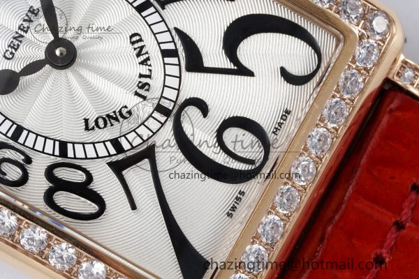 Long Island Ladies RG Diamonds Bezel APSF 1:1 Best Edition White Texured Dial on Red Leather Strap Jap Quartz TopPick 10176
