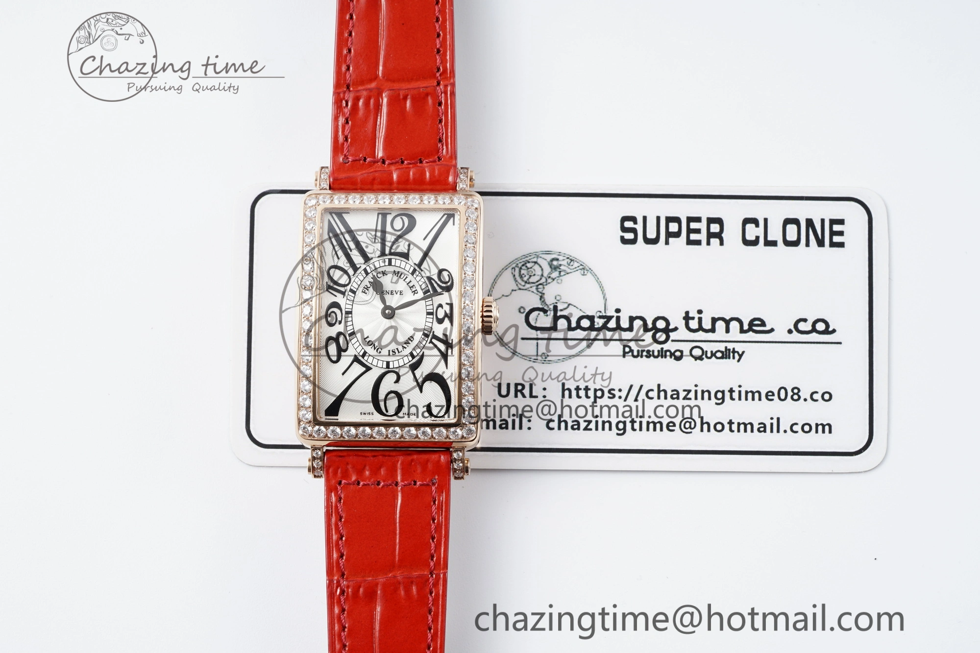 Long Island Ladies RG Diamonds Bezel APSF 1:1 Best Edition White Texured Dial on Red Leather Strap Jap Quartz TopPick 10176