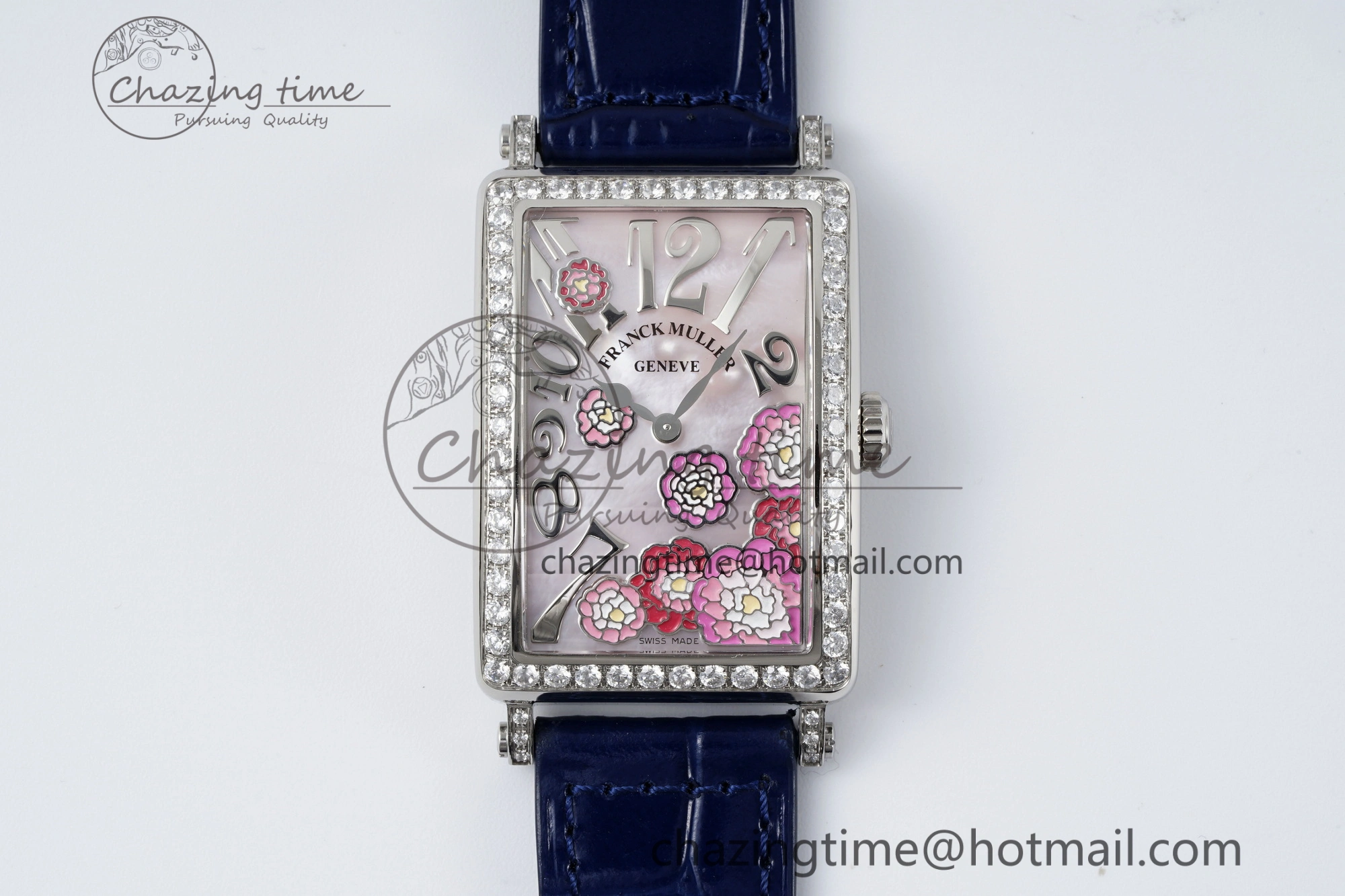 Long Island Ladies SS Diamonds Bezel APSF 1:1 Best Edition Pink MOP Dial on Blue Leather Strap Jap Quartz MultiPurpose 6514