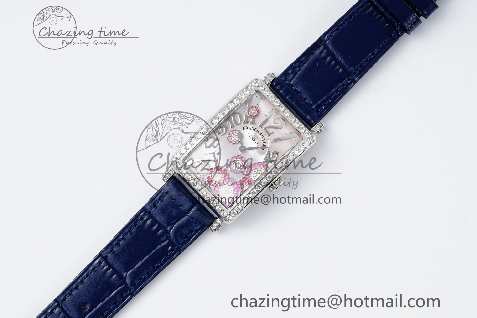 Long Island Ladies SS Diamonds Bezel APSF 1:1 Best Edition Pink MOP Dial on Blue Leather Strap Jap Quartz MultiPurpose 6514