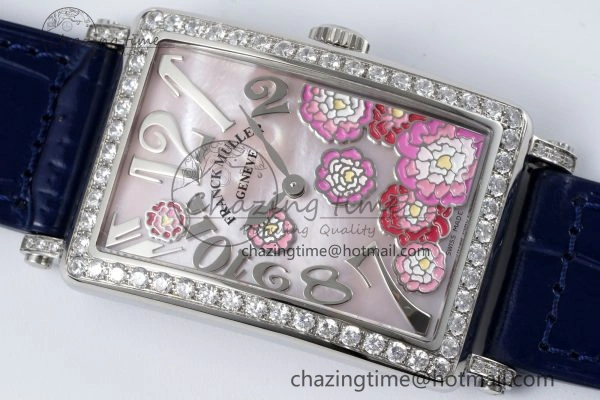 Long Island Ladies SS Diamonds Bezel APSF 1:1 Best Edition Pink MOP Dial on Blue Leather Strap Jap Quartz MultiPurpose 6514