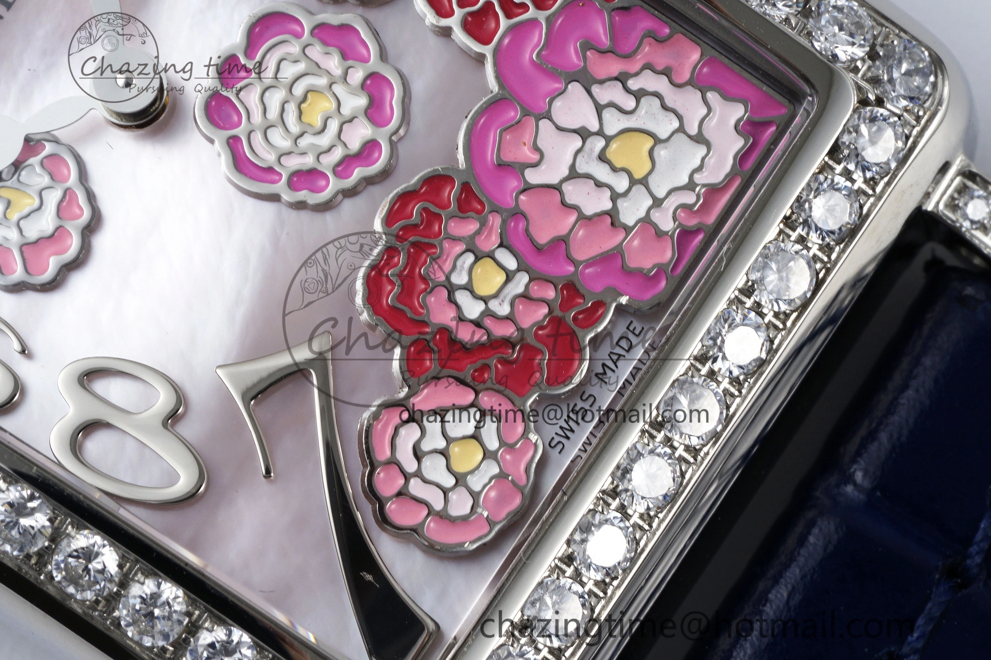 Long Island Ladies SS Diamonds Bezel APSF 1:1 Best Edition Pink MOP Dial on Blue Leather Strap Jap Quartz MultiPurpose 6514