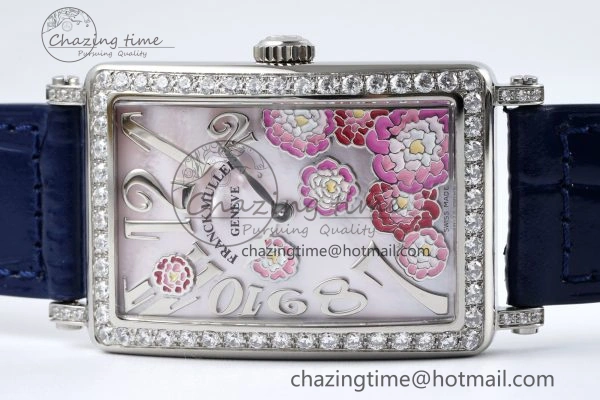 Long Island Ladies SS Diamonds Bezel APSF 1:1 Best Edition Pink MOP Dial on Blue Leather Strap Jap Quartz MultiPurpose 6514