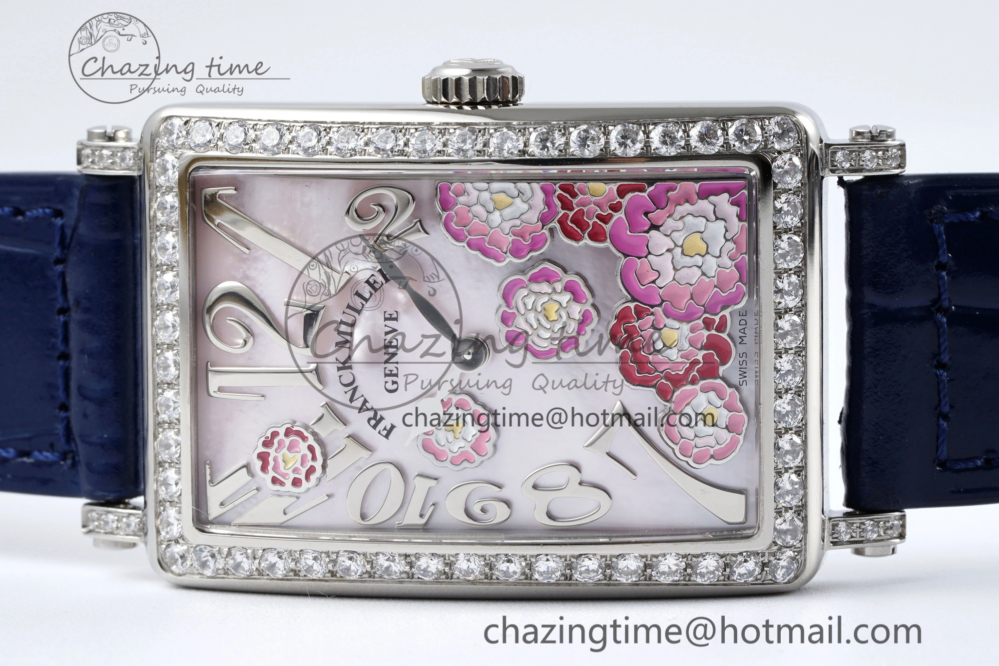 Long Island Ladies SS Diamonds Bezel APSF 1:1 Best Edition Pink MOP Dial on Blue Leather Strap Jap Quartz MultiPurpose 6514