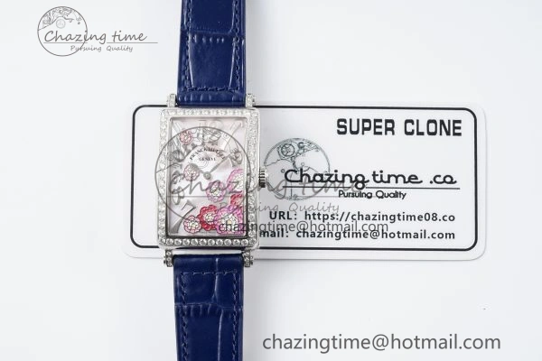 Long Island Ladies SS Diamonds Bezel APSF 1:1 Best Edition Pink MOP Dial on Blue Leather Strap Jap Quartz MultiPurpose 6514