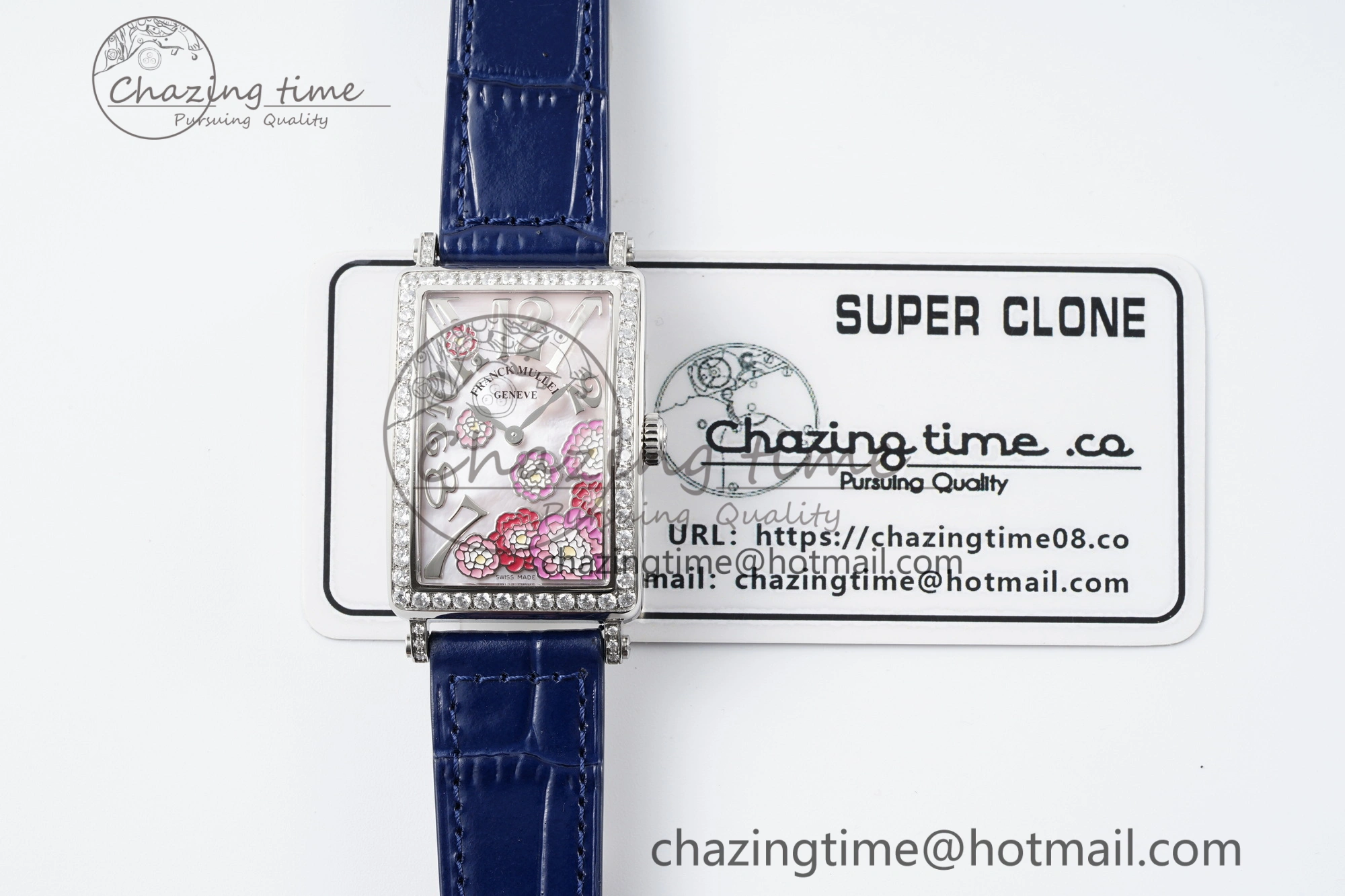 Long Island Ladies SS Diamonds Bezel APSF 1:1 Best Edition Pink MOP Dial on Blue Leather Strap Jap Quartz MultiPurpose 6514