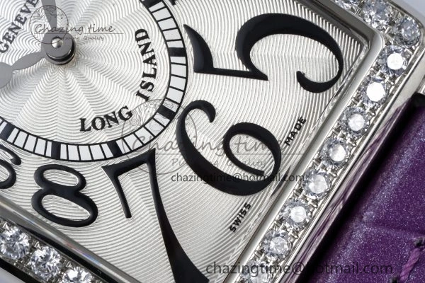 HighQuality Long Island Ladies SS Diamonds Bezel APSF 1:1 Best Edition White Texured Dial on Purple Leather Strap Jap Quartz 6513