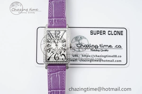 HighQuality Long Island Ladies SS Diamonds Bezel APSF 1:1 Best Edition White Texured Dial on Purple Leather Strap Jap Quartz 6513