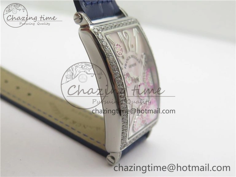 Lightweight Long Island Ladies SS Diamonds Bezel ZF 1:1 Mother of Pearl Dial on Blue Leather Strap Swiss Ronda Quartz 10263