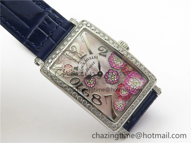Lightweight Long Island Ladies SS Diamonds Bezel ZF 1:1 Mother of Pearl Dial on Blue Leather Strap Swiss Ronda Quartz 10263