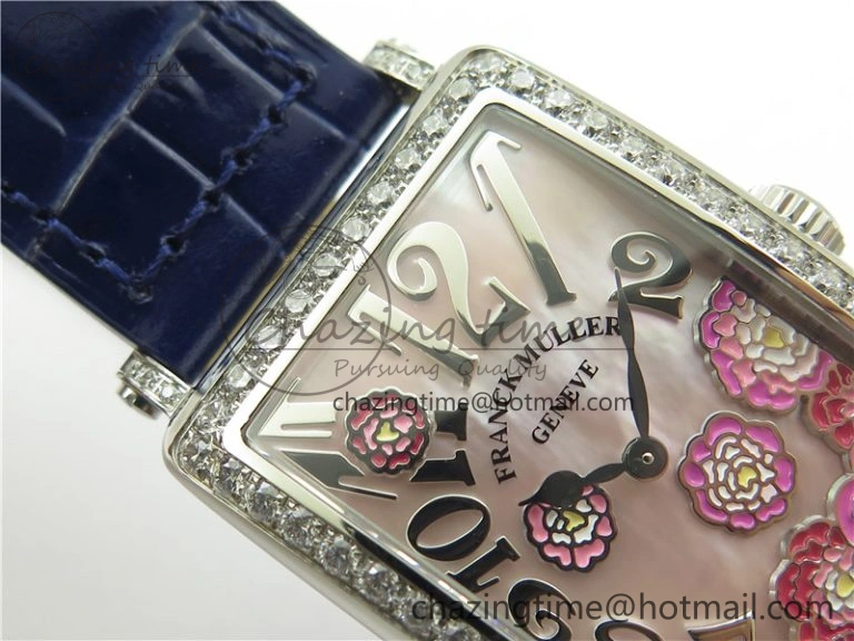 Lightweight Long Island Ladies SS Diamonds Bezel ZF 1:1 Mother of Pearl Dial on Blue Leather Strap Swiss Ronda Quartz 10263
