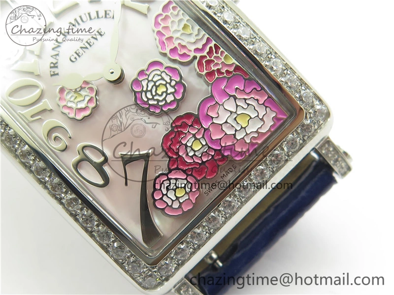 Lightweight Long Island Ladies SS Diamonds Bezel ZF 1:1 Mother of Pearl Dial on Blue Leather Strap Swiss Ronda Quartz 10263