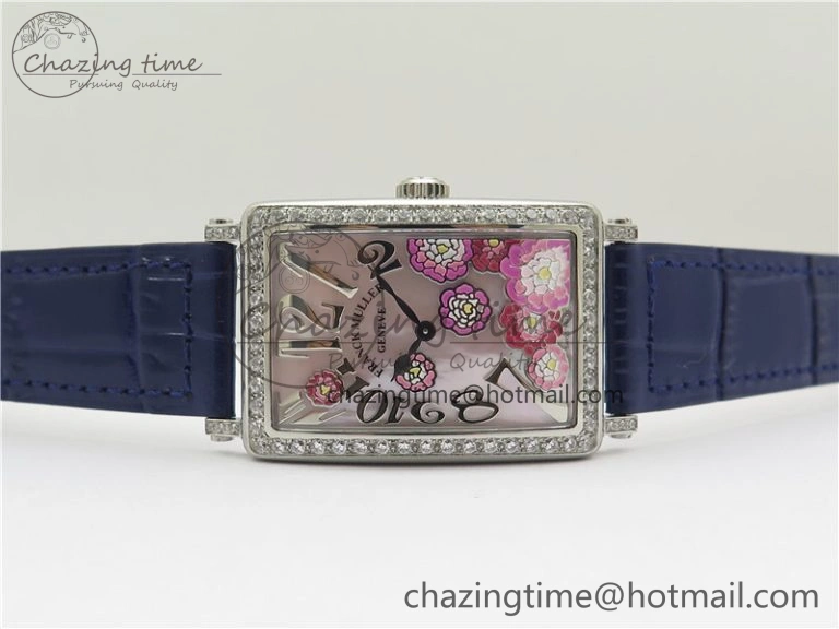 Lightweight Long Island Ladies SS Diamonds Bezel ZF 1:1 Mother of Pearl Dial on Blue Leather Strap Swiss Ronda Quartz 10263