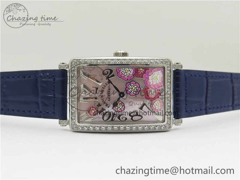Lightweight Long Island Ladies SS Diamonds Bezel ZF 1:1 Mother of Pearl Dial on Blue Leather Strap Swiss Ronda Quartz 10263