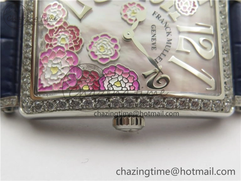 Lightweight Long Island Ladies SS Diamonds Bezel ZF 1:1 Mother of Pearl Dial on Blue Leather Strap Swiss Ronda Quartz 10263