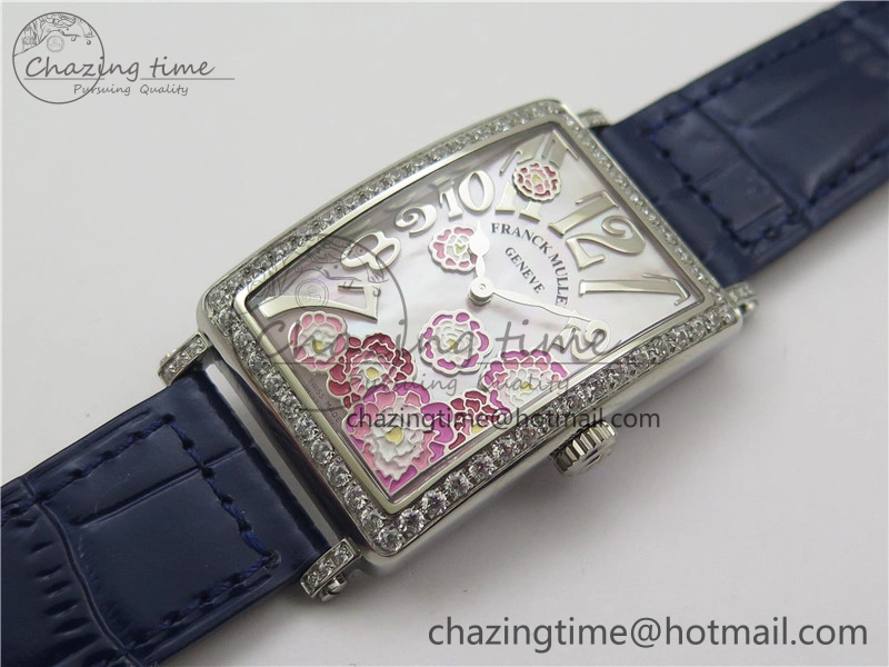 Lightweight Long Island Ladies SS Diamonds Bezel ZF 1:1 Mother of Pearl Dial on Blue Leather Strap Swiss Ronda Quartz 10263