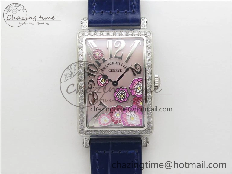 Original Long Island Ladies SS Diamonds Bezel ZF 1:1 Mother of Pearl Dial on Blue Leather Strap Swiss Ronda Quartz 6528