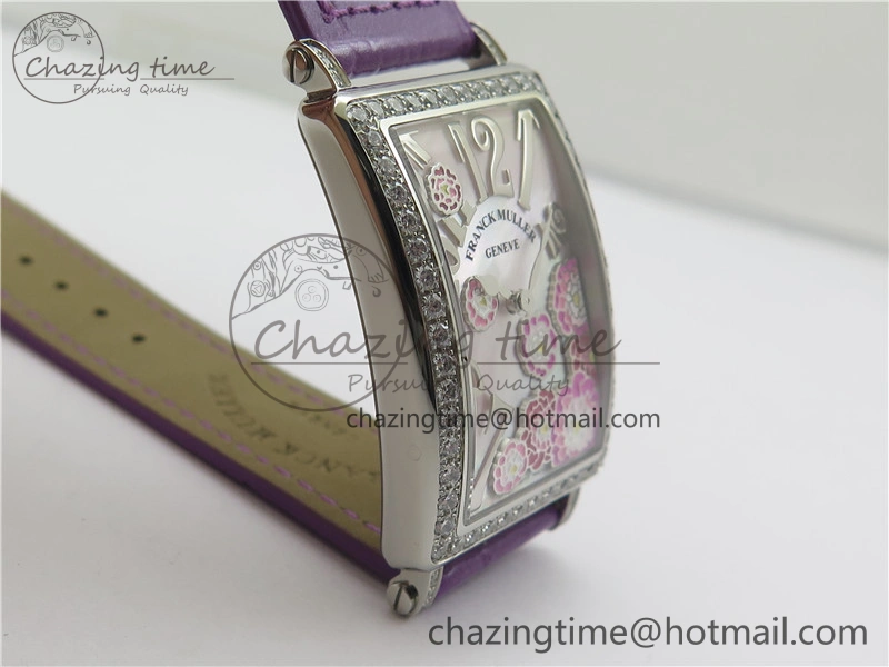WrinkleFree Long Island Ladies SS Diamonds Bezel ZF 1:1 Mother of Pearl Dial on Purple Leather Strap Swiss Ronda Quartz 10262