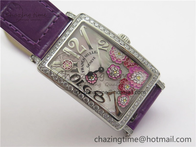 WrinkleFree Long Island Ladies SS Diamonds Bezel ZF 1:1 Mother of Pearl Dial on Purple Leather Strap Swiss Ronda Quartz 10262